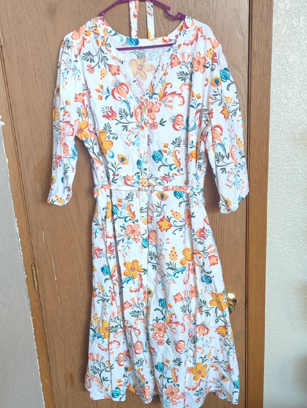 croft & barrow White Floral Midi Dress with Orange & Teal Accents